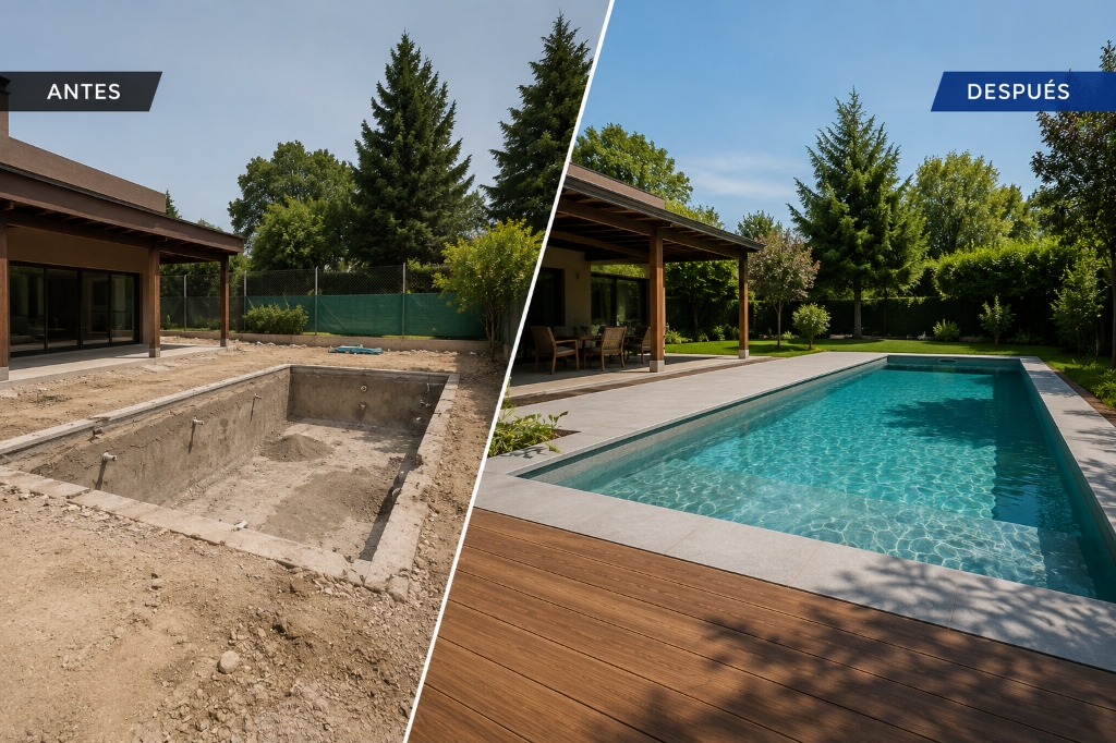 Obra de hormigón a piscina terminada con deck - Blue Design